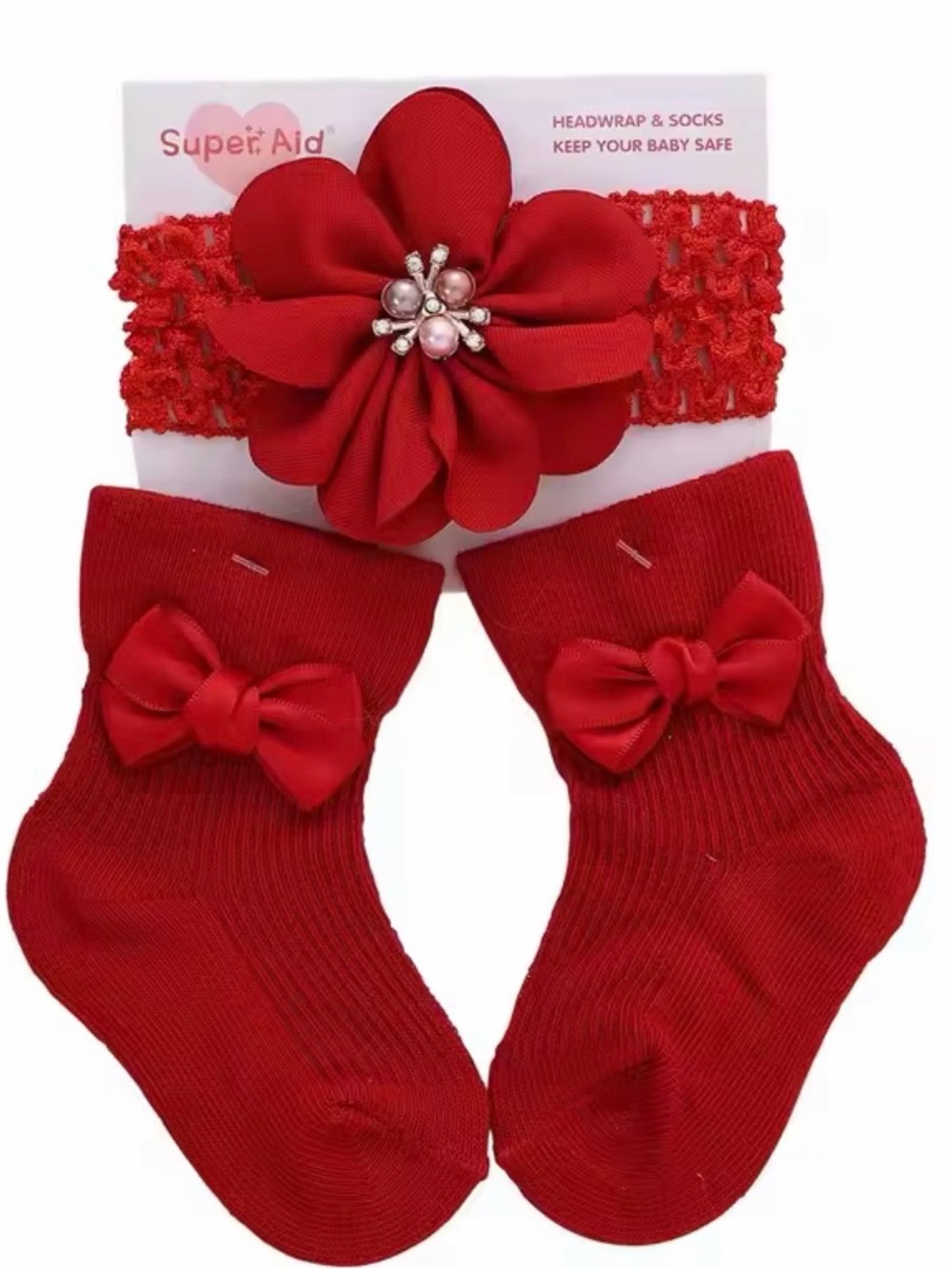 Baby Red Flower Headband and Bow Sock Set by